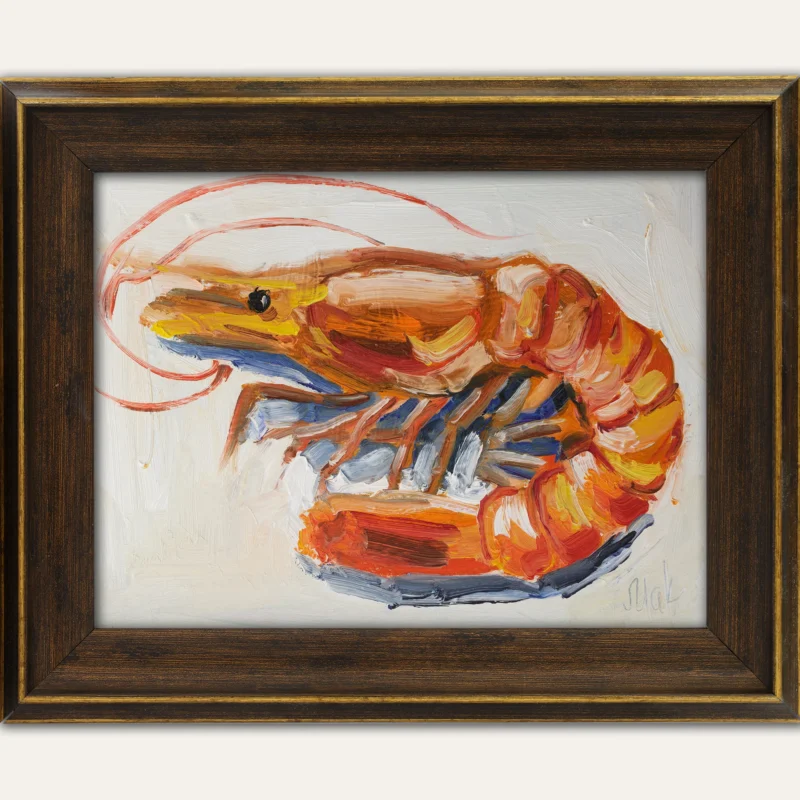 Prawn Oil Painting Framed Shrimp Original Wall Art Seafood Framed Fish Artwork