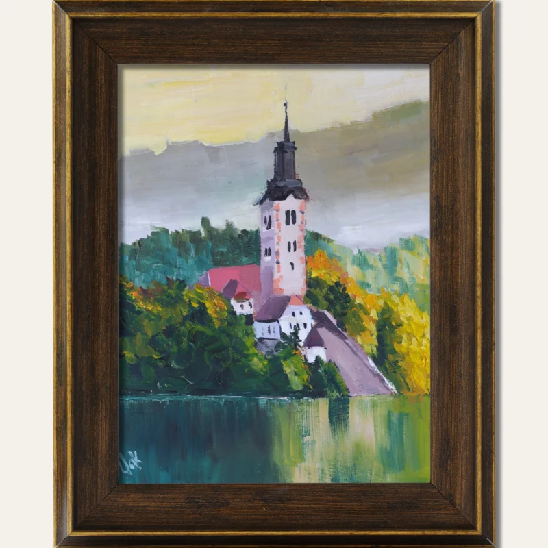 Slovenia Oil Painting Lake Bled Original Wall Art Europe Landscape Artwork Framed