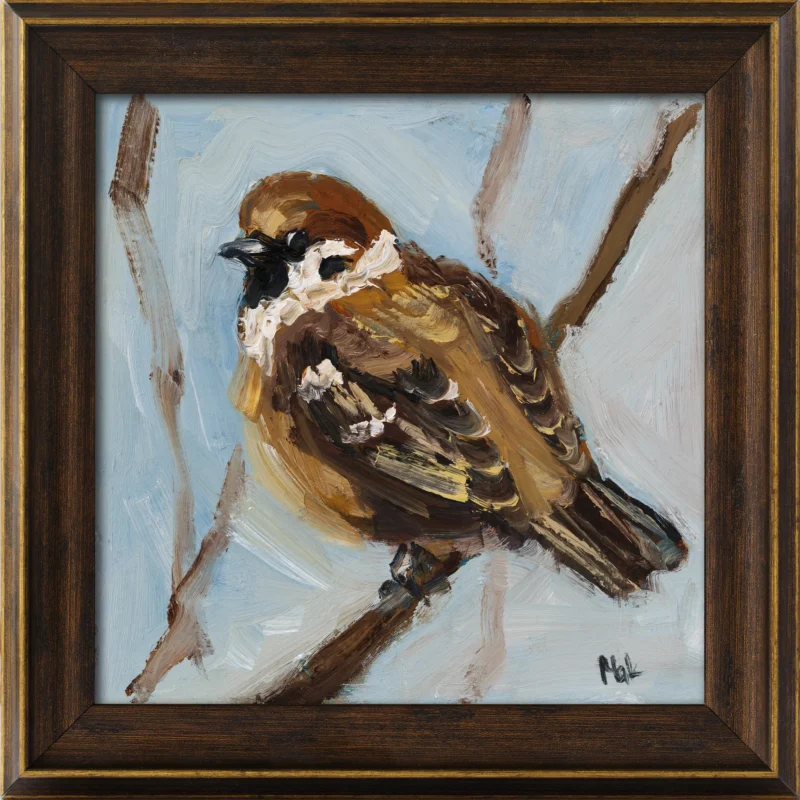 Sparrow Oil Painting Framed Small Bird Original Wall Art