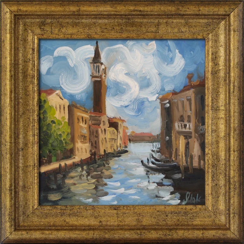 Venice Oil Painting Framed Abstract Seascape, Grand Canal Art - 8x8"