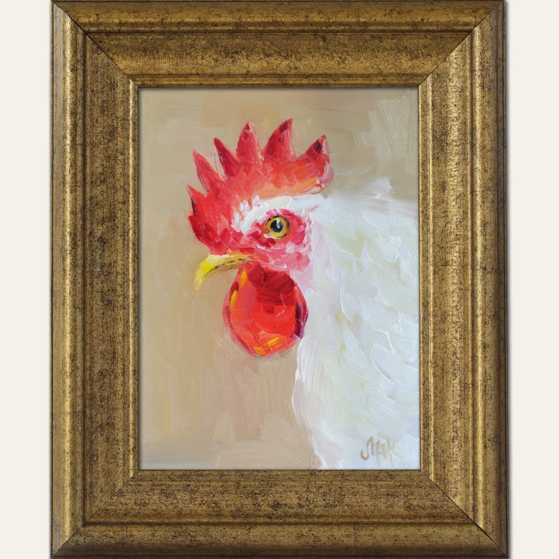 Rooster Oil Painting: Original Farm Bird Art, Framed 8x6''