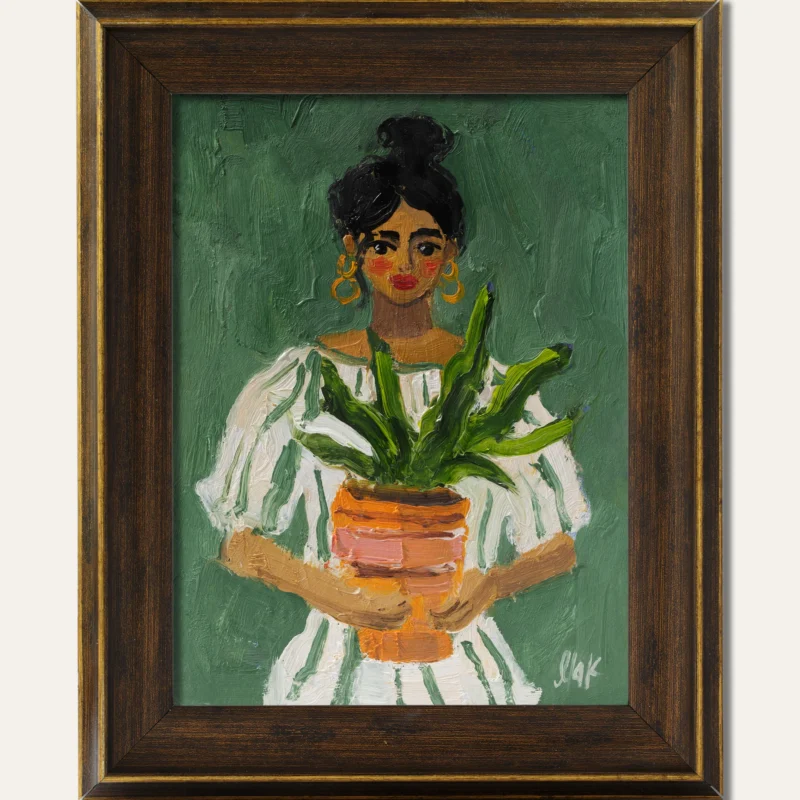 Woman With a Potted Plant Oil Painting Boho Girl Original Wall Art Female Portrait