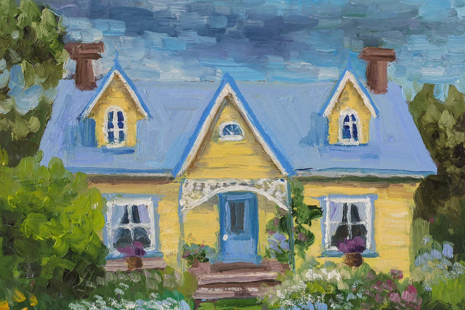 Impasto Yellow House Painting: Summer Garden Landscape Oil Art 10x10" - Image 6