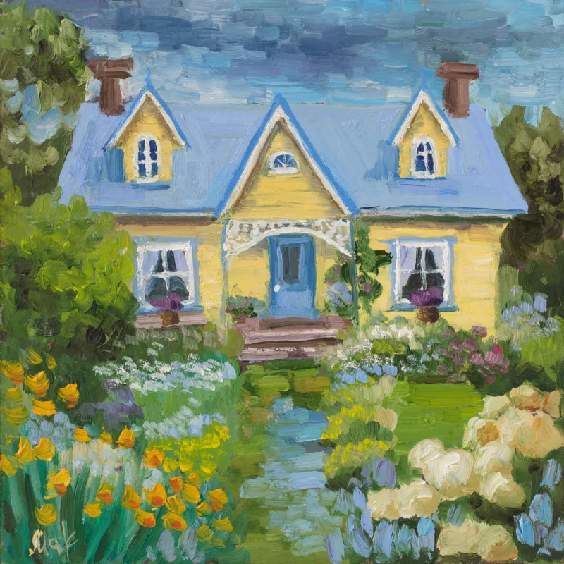 Impasto Yellow House Painting: Summer Garden Landscape Oil Art 10x10"
