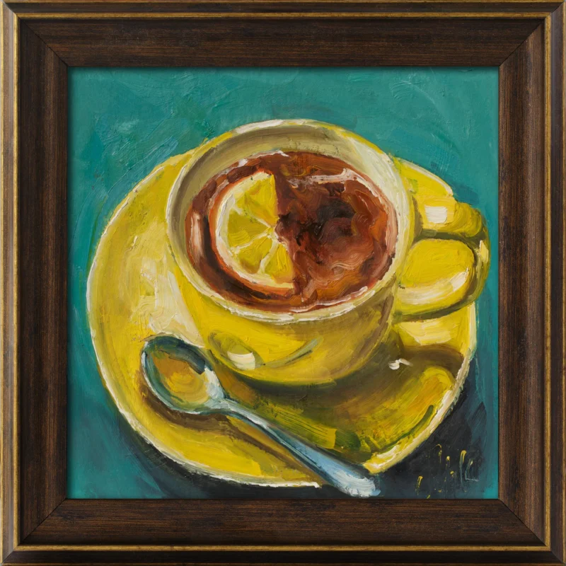 Yellow Teacup Painting Still Life Wall Art, Cup Original Oil Artwork, Kitchen Decor