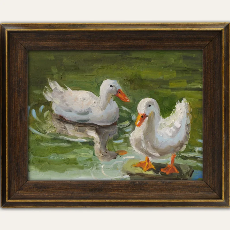 Two Geese in a Pond Oil Painting Framed Small Bird Artwork, Original Wall Art