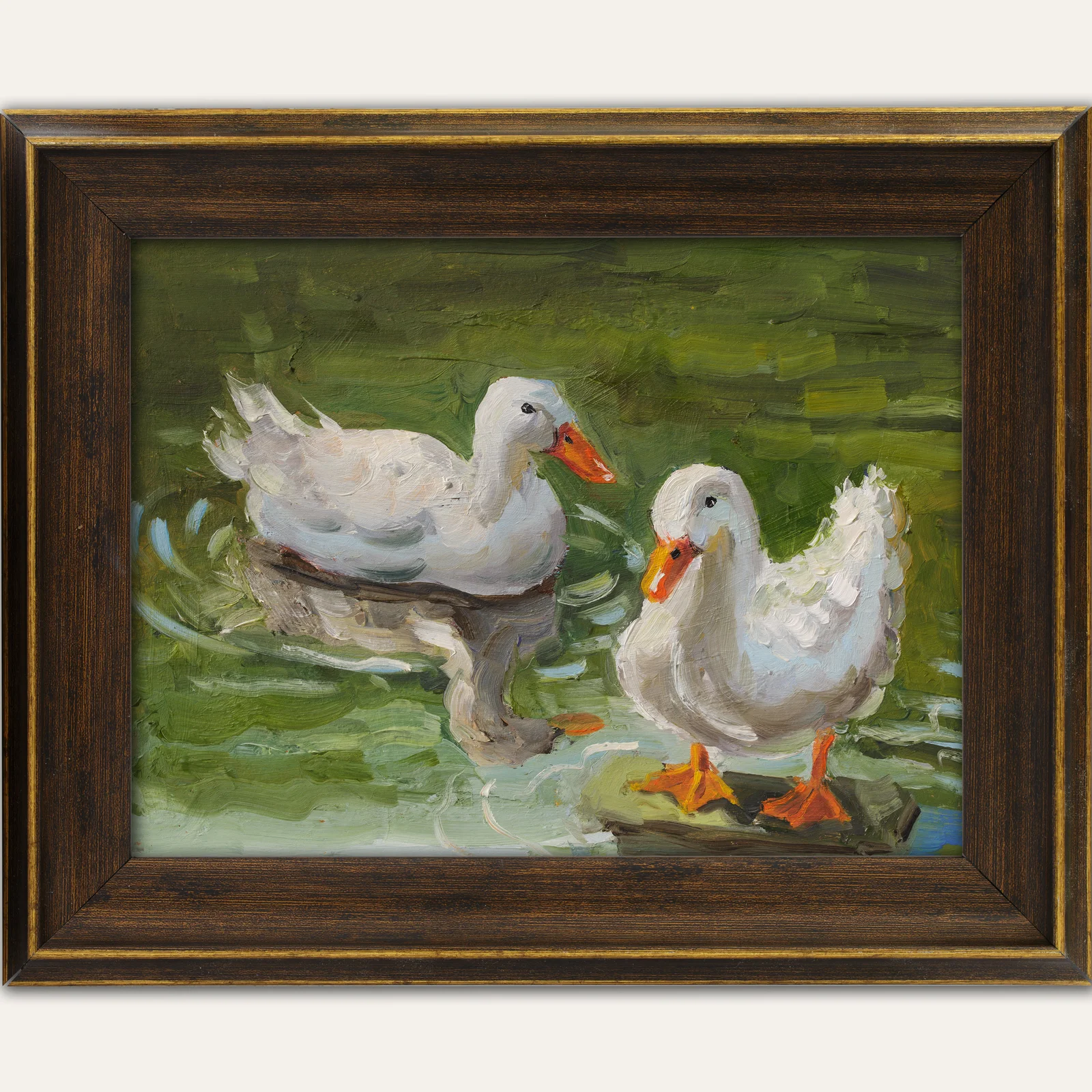 Two Geese in a Pond Oil Painting Framed Small Bird Artwork, Original Wall Art
