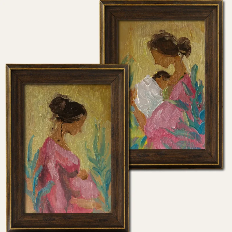 Mother and Baby Painting Set – Pregnancy Art, Motherhood Wall Decor, Original Oil Artwork