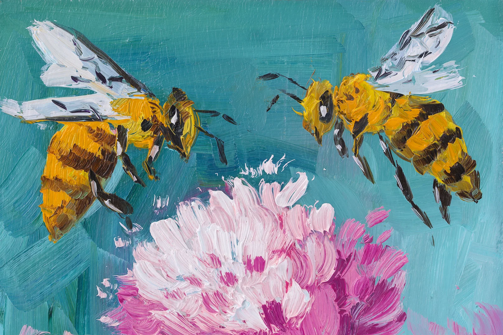 Bee Oil Painting Framed BumbleBee Original Wall Art Small Flower - Image 10