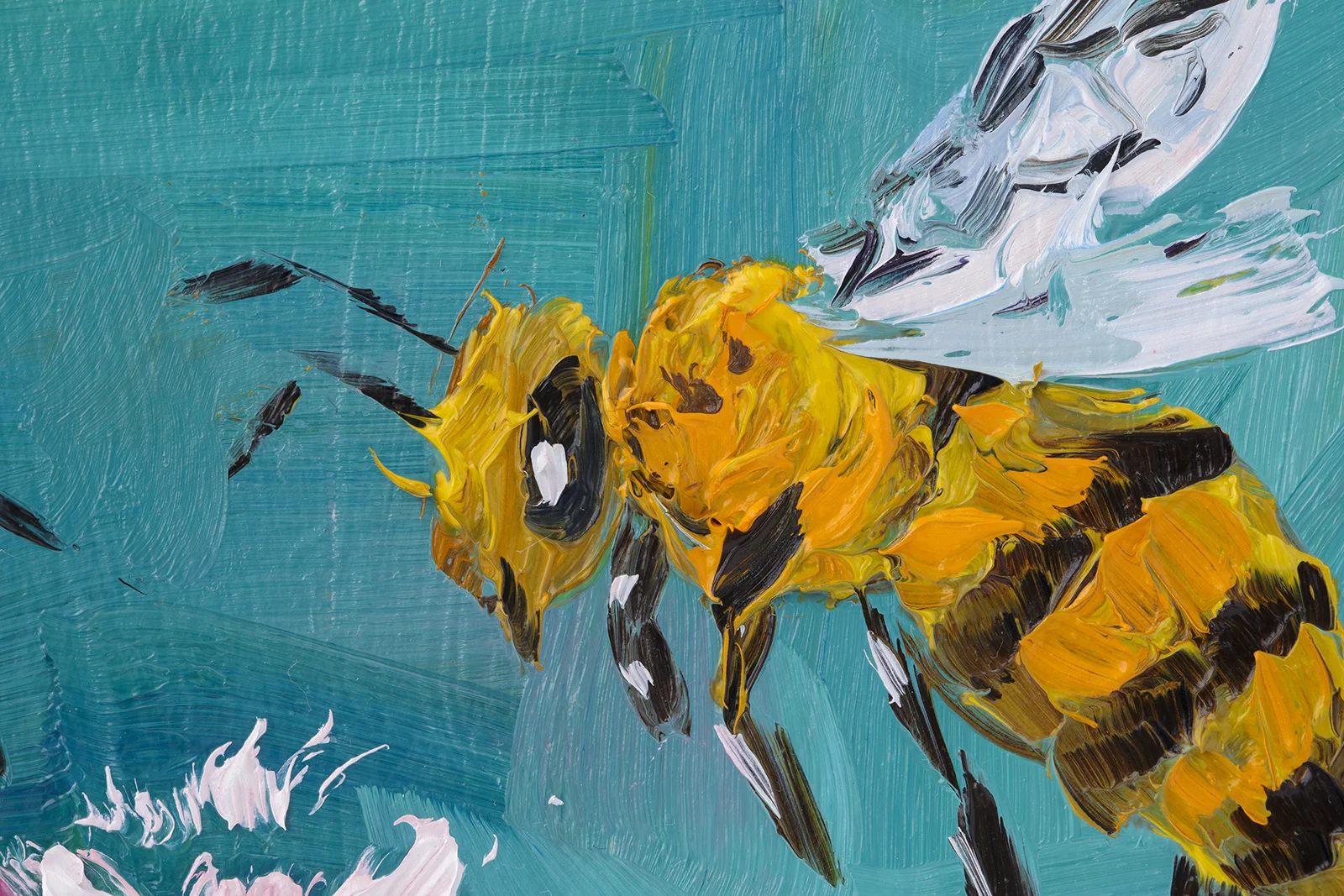 Bee Oil Painting Framed BumbleBee Original Wall Art Small Flower - Image 5