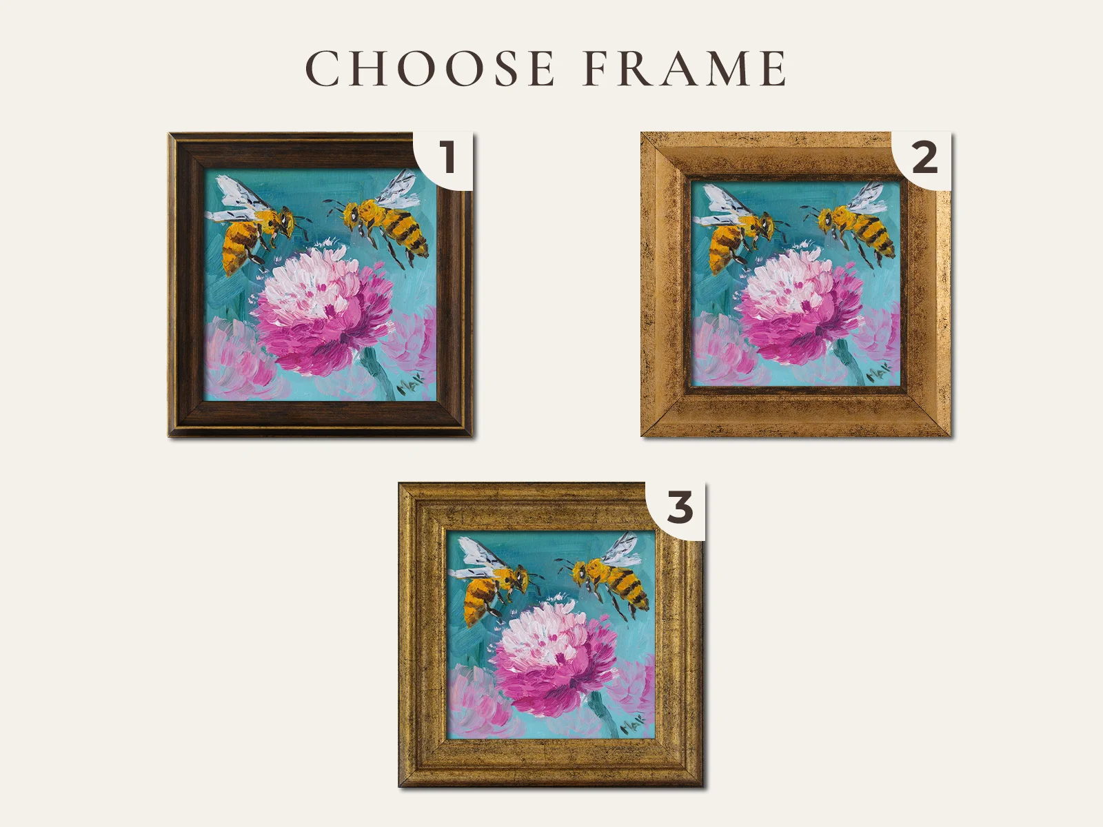 Bee Oil Painting Framed BumbleBee Original Wall Art Small Flower - Image 3