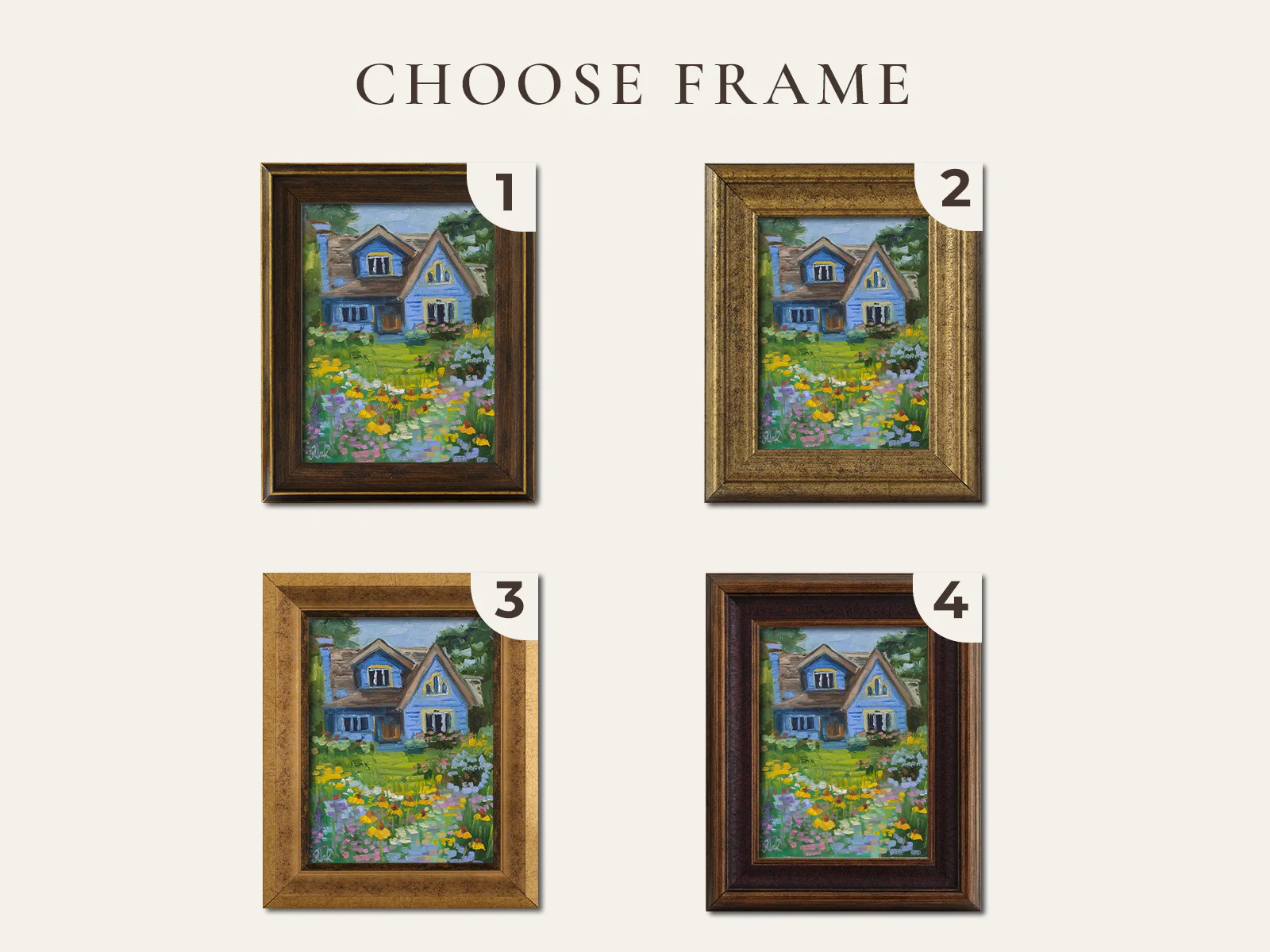 Blue House Painting Framed Summer Garden Oil Original Wall Art Landscape Artwork - Image 3