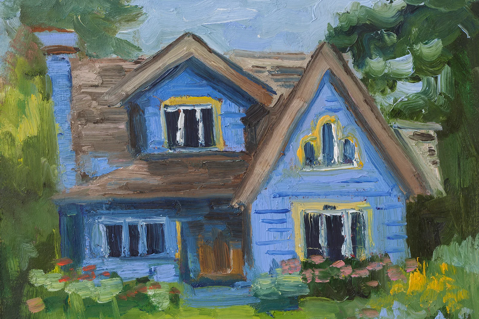 Blue House Painting Framed Summer Garden Oil Original Wall Art Landscape Artwork - Image 11