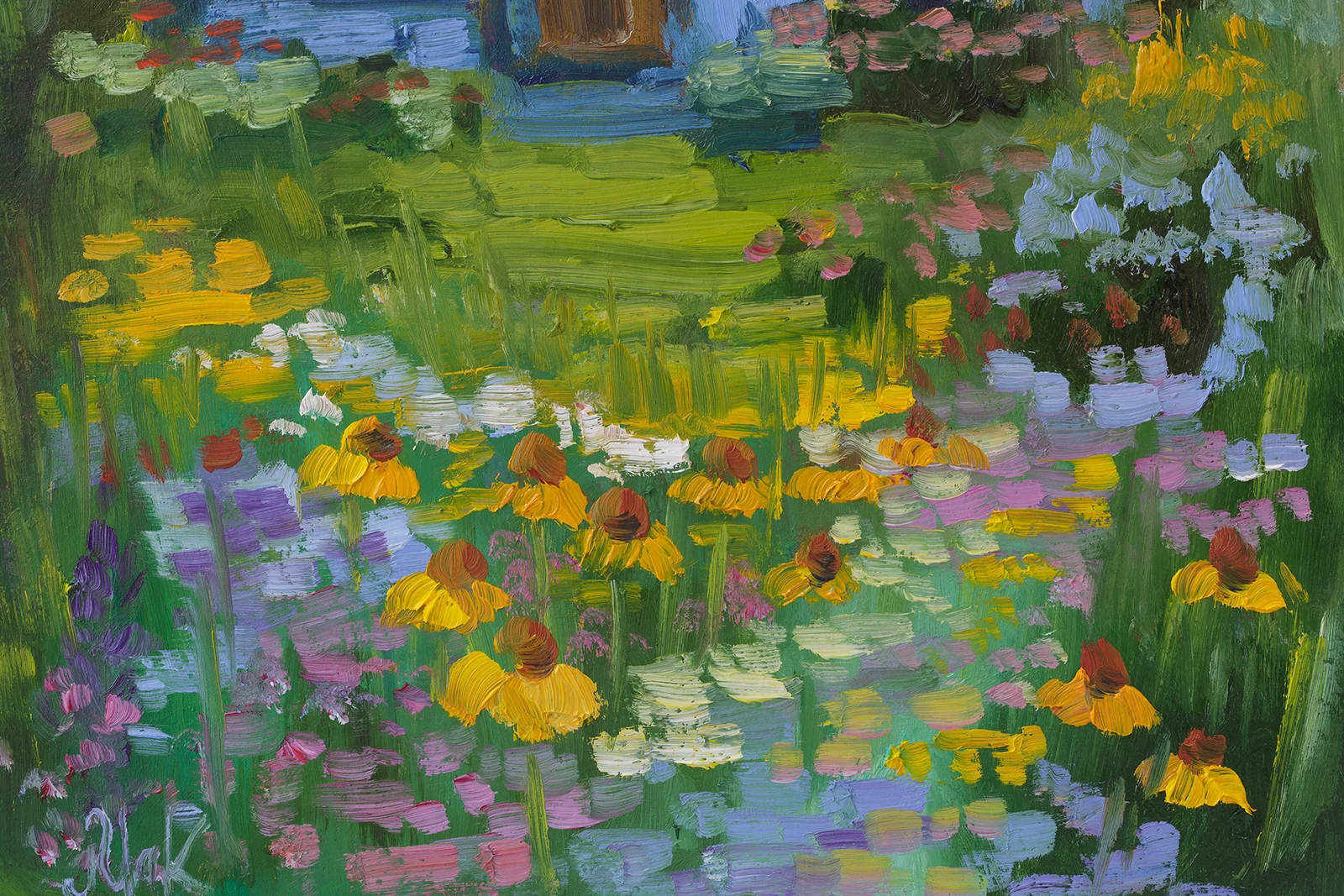 Blue House Painting Framed Summer Garden Oil Original Wall Art Landscape Artwork - Image 9