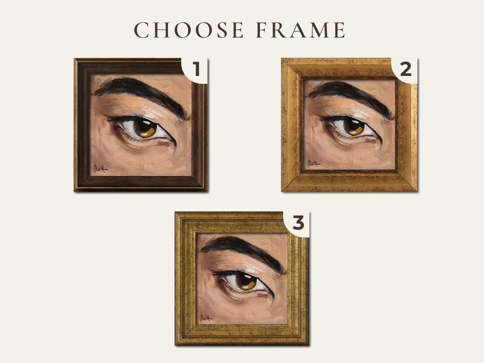 Framed Eye Oil Painting: Asian Woman Portrait, Original Art 6x6'' - Image 3