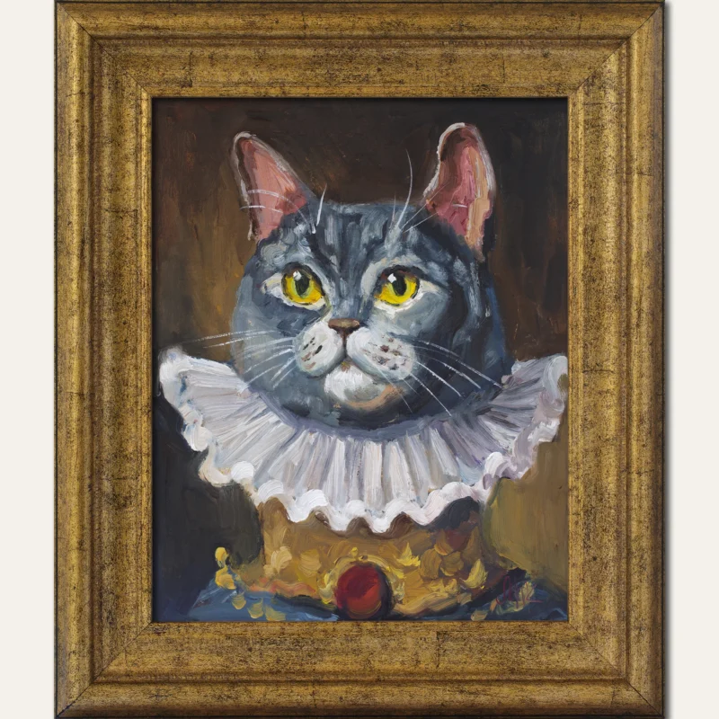 Royal Cat Oil Painting: Renaissance Animal Portrait, Framed