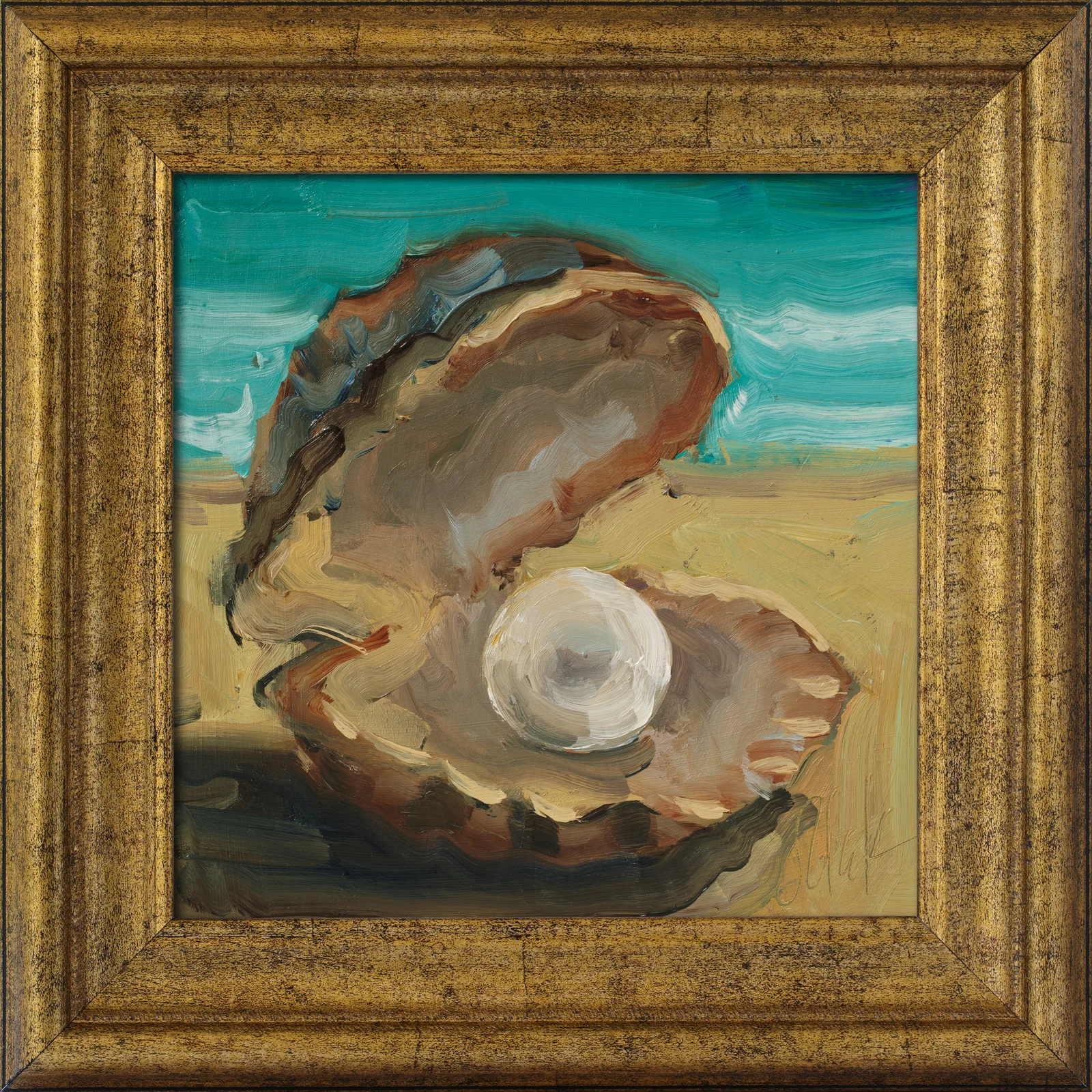 Seashell Pearl Oil Painting Framed Oyster Original Wall Art Beach House Wall Decor