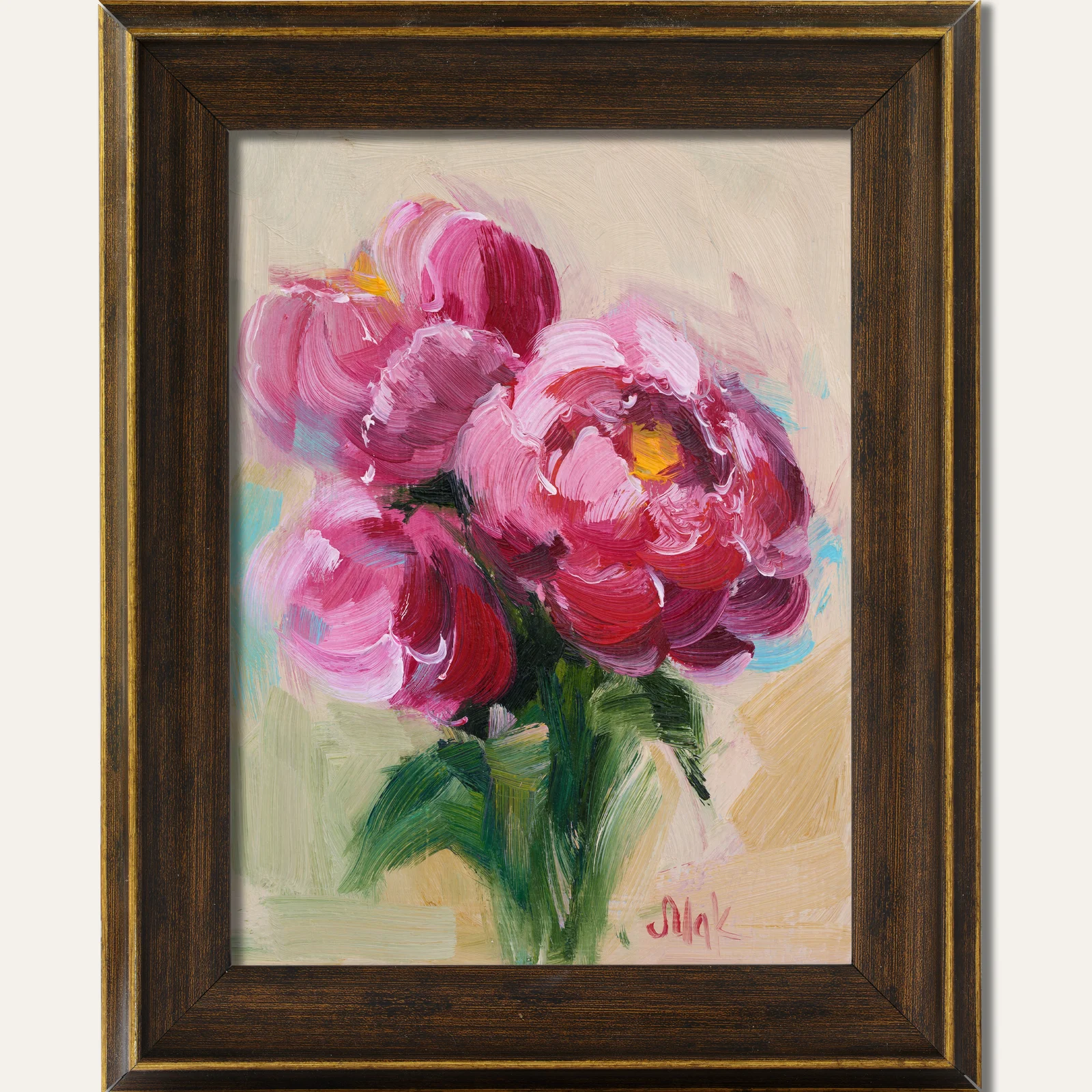 Pink Peony Oil Painting Framed Abstract Floral Still Life, Original Wall Art