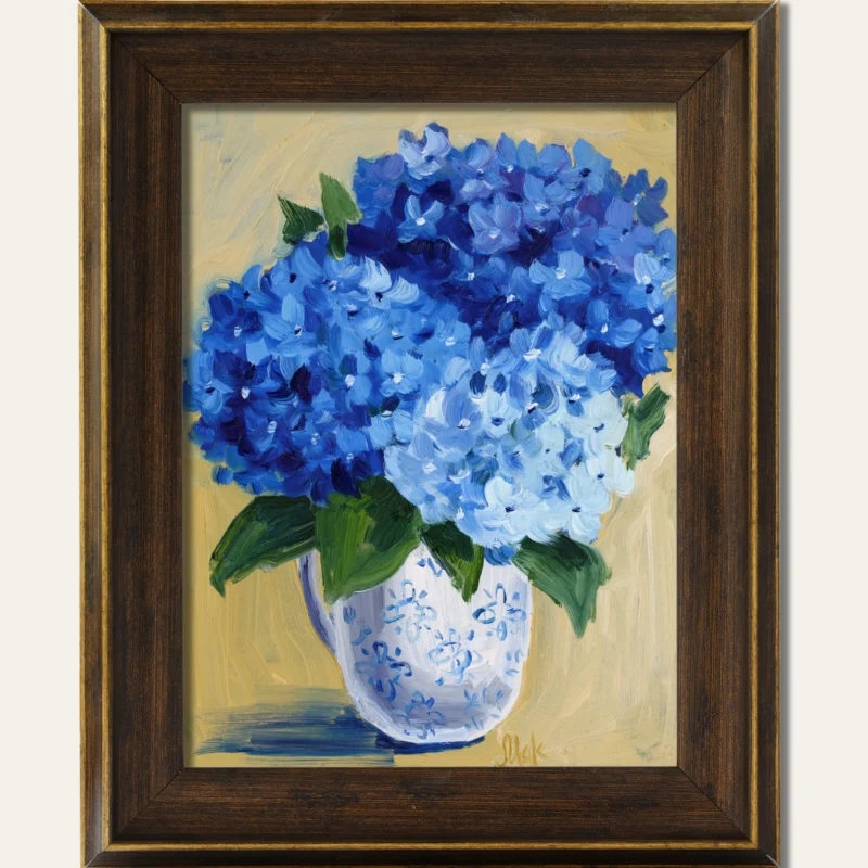 Hydrangea Framed Oil Painting Small Flower in Vase Original Wall Art Floral Home Decor