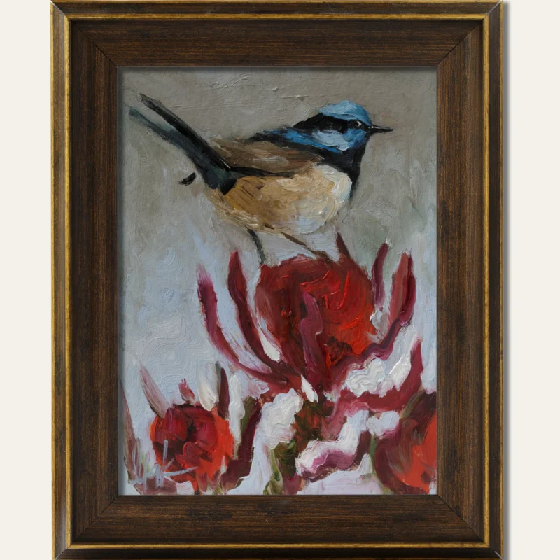 Fairy-wren Oil Painting Framed Small Bird Artwork Original Wall Art