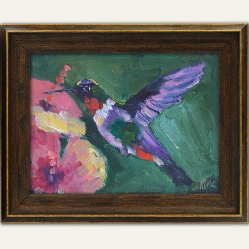 Hummingbird Oil Painting Framed Original Bird Wall Art,