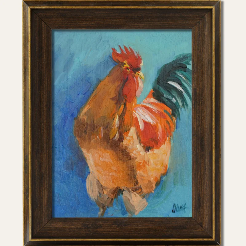 Rooster Oil Painting: Original Farm Bird Art, Framed