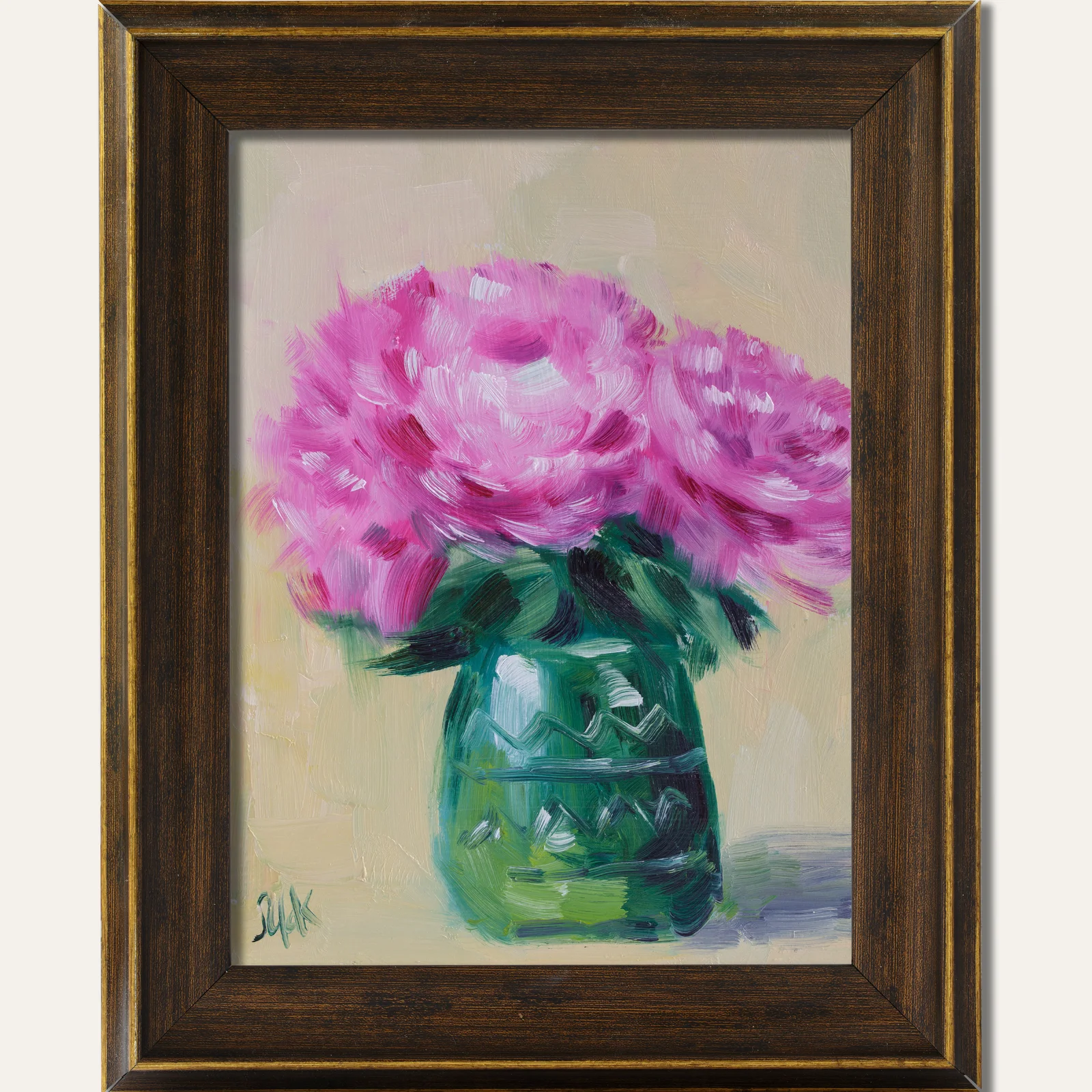 Pink Peony Oil Painting Framed Abstract Floral Still Life, Original Wall Art