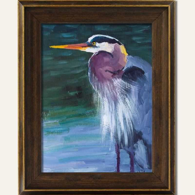Blue Heron Oil Painting Original Bird Wall Art, Framed Decor