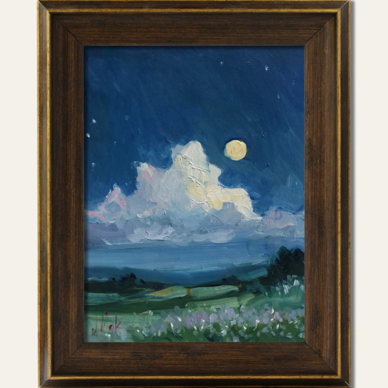Twilight Meadow in Provence Under the Moon | Original Oil Painting