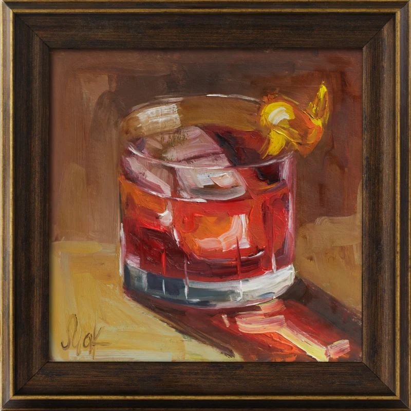 Bourbon Cocktail Oil Painting Framed Whiskey Old Fashioned Drink Original Wall Art Bar Decor