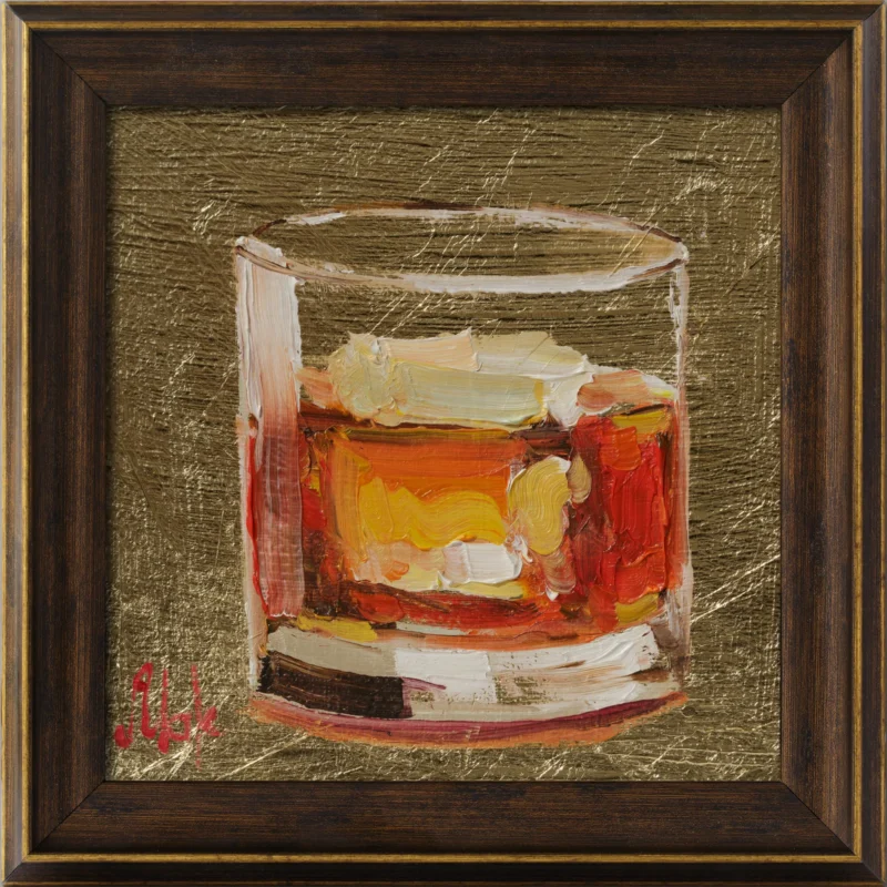 Bourbon Oil Painting Old Fashioned Framed Cocktail Original Whiskey Bar Art Gold Leaf