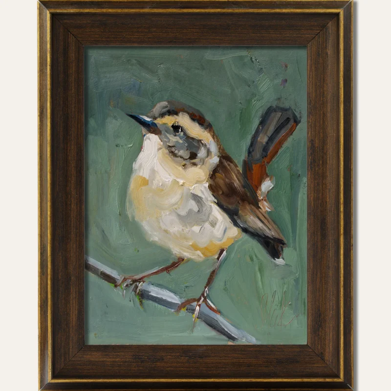 Wren Oil Painting Framed Small Forest  Bird Wall Art, Original Artwork