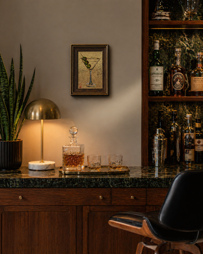 Dirty Martini Oil Painting Cocktail Framed Original With Gold Leaf Tiny Olive Wall Art