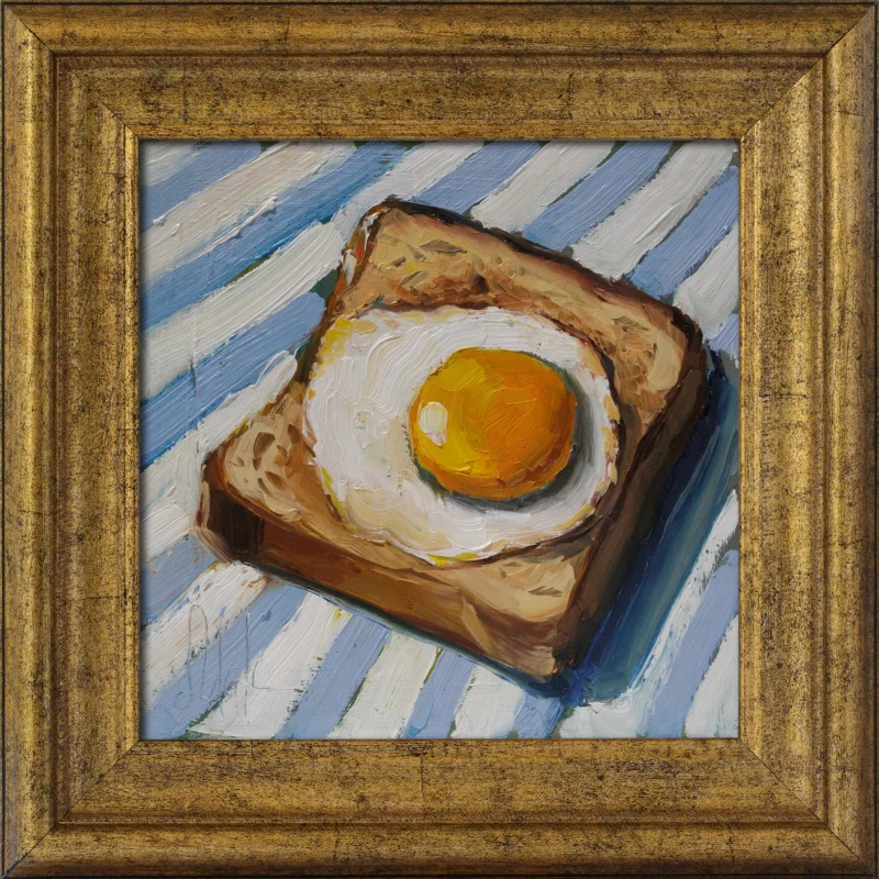 Fried Egg Sandwich Art Framed Kitchen Wall Art Oil Painting Original Still Life Small Food Artwork