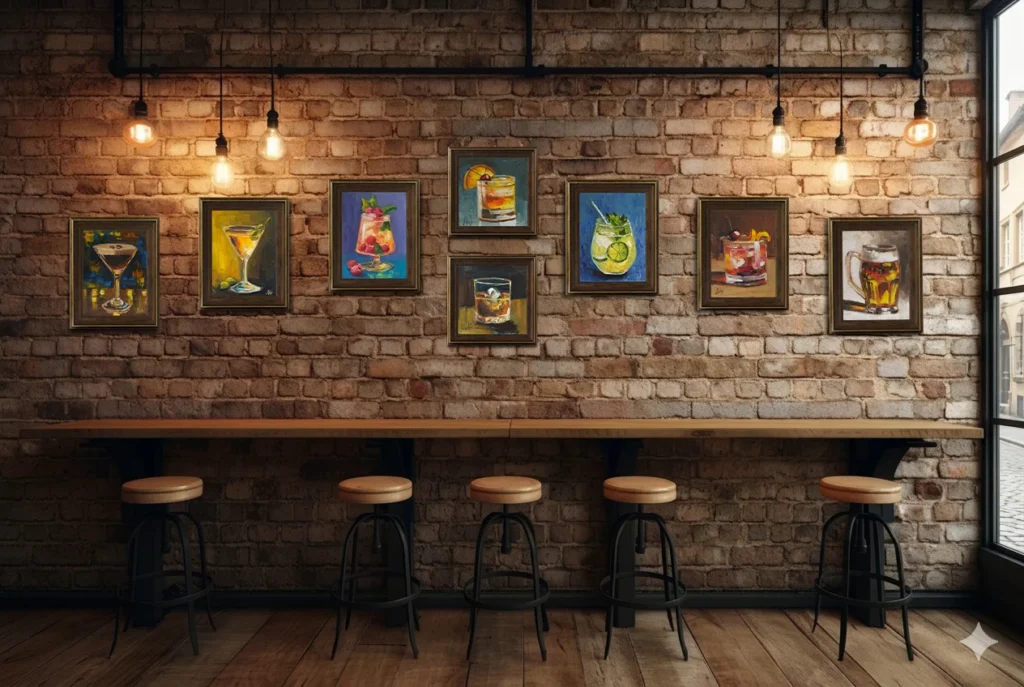 Oil paintings of cocktails in a bar interior