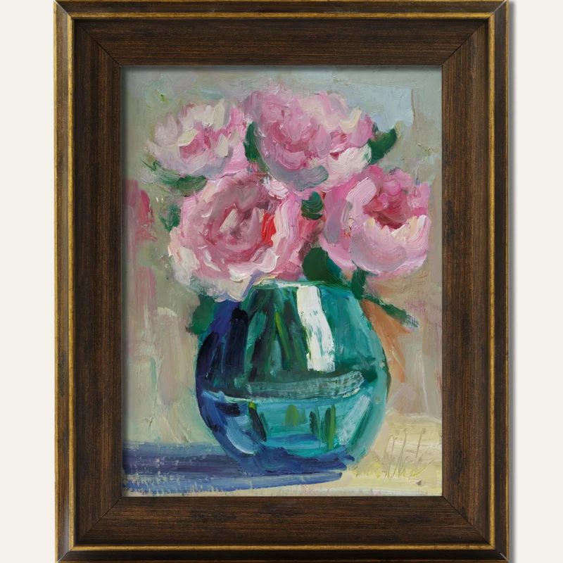 Peony in vase Floral Original Painting: Impasto Impressionist Framed Wall Art