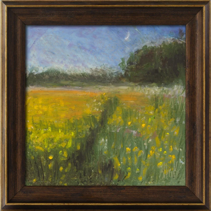 Tiny Meadow Flowers Oil Pastel Original Painting Framed Floral Landscape