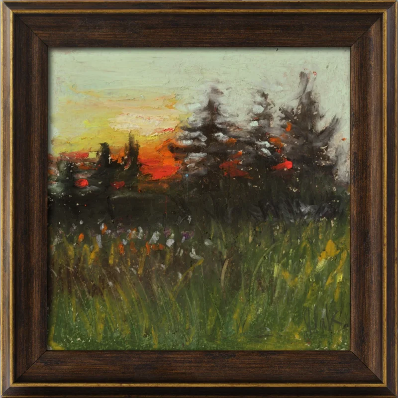 Tiny Pine Landscape Sunset Original Oil Pastel Painting, Framed Artwork