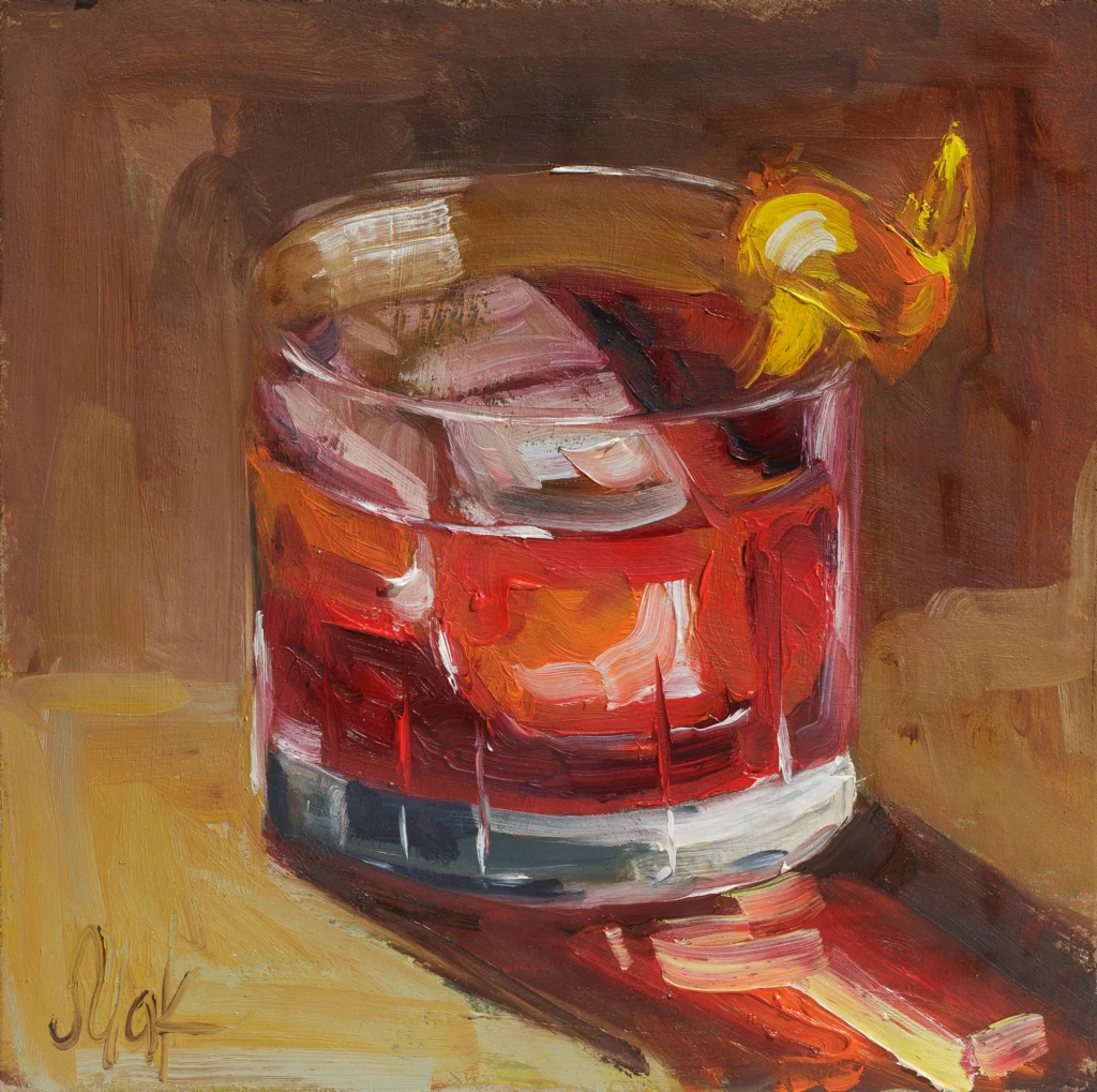 ourbon Cocktail Oil Painting Framed Whiskey Old Fashioned Drink Original Wall Art Bar Decor