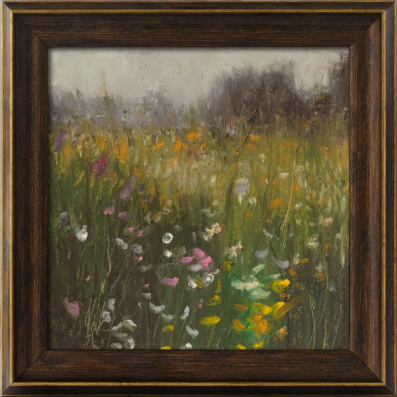 Flowers Meadow Oil Pastel Original Painting Framed Tiny Floral Landscape
