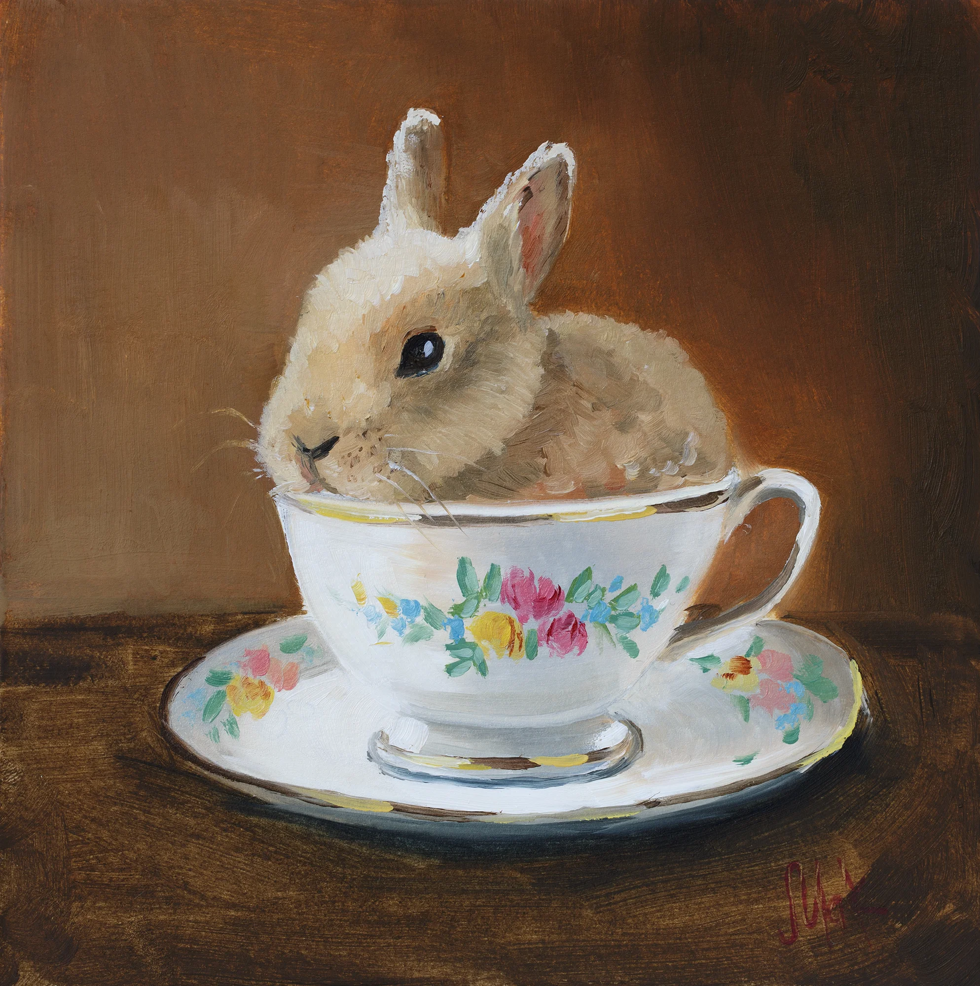 Bunny in Teacup Oil Painting in Frame - Image 10