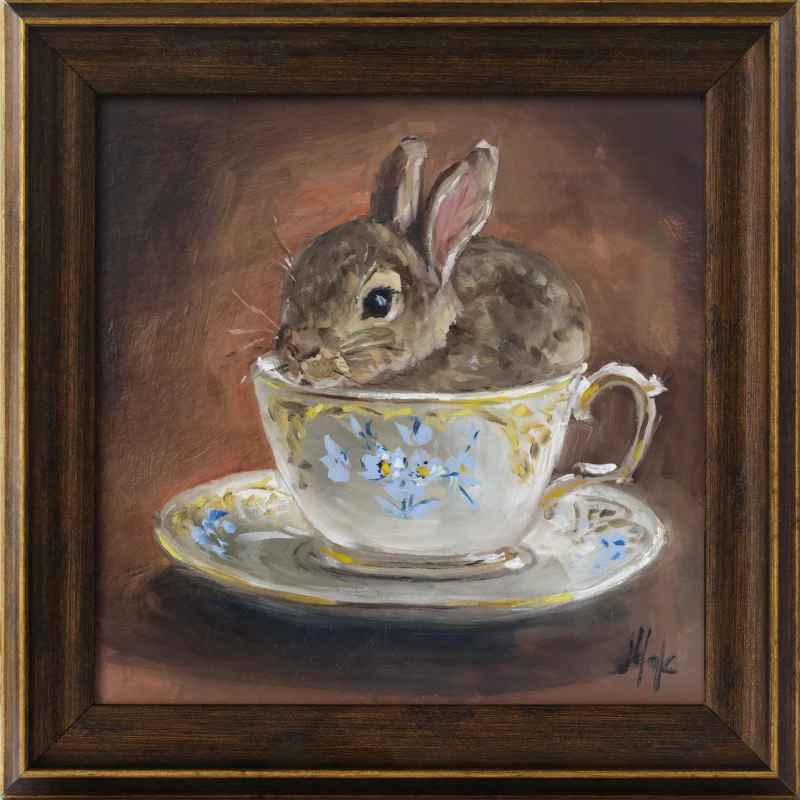 Bunny in Teacup Oil Painting in Frame