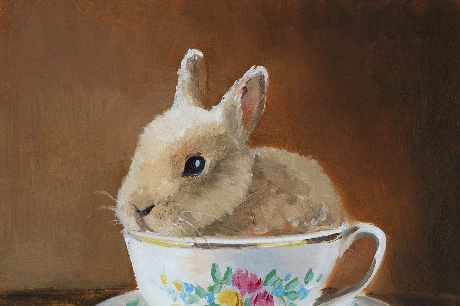 Bunny in Teacup Oil Painting in Frame - Image 6