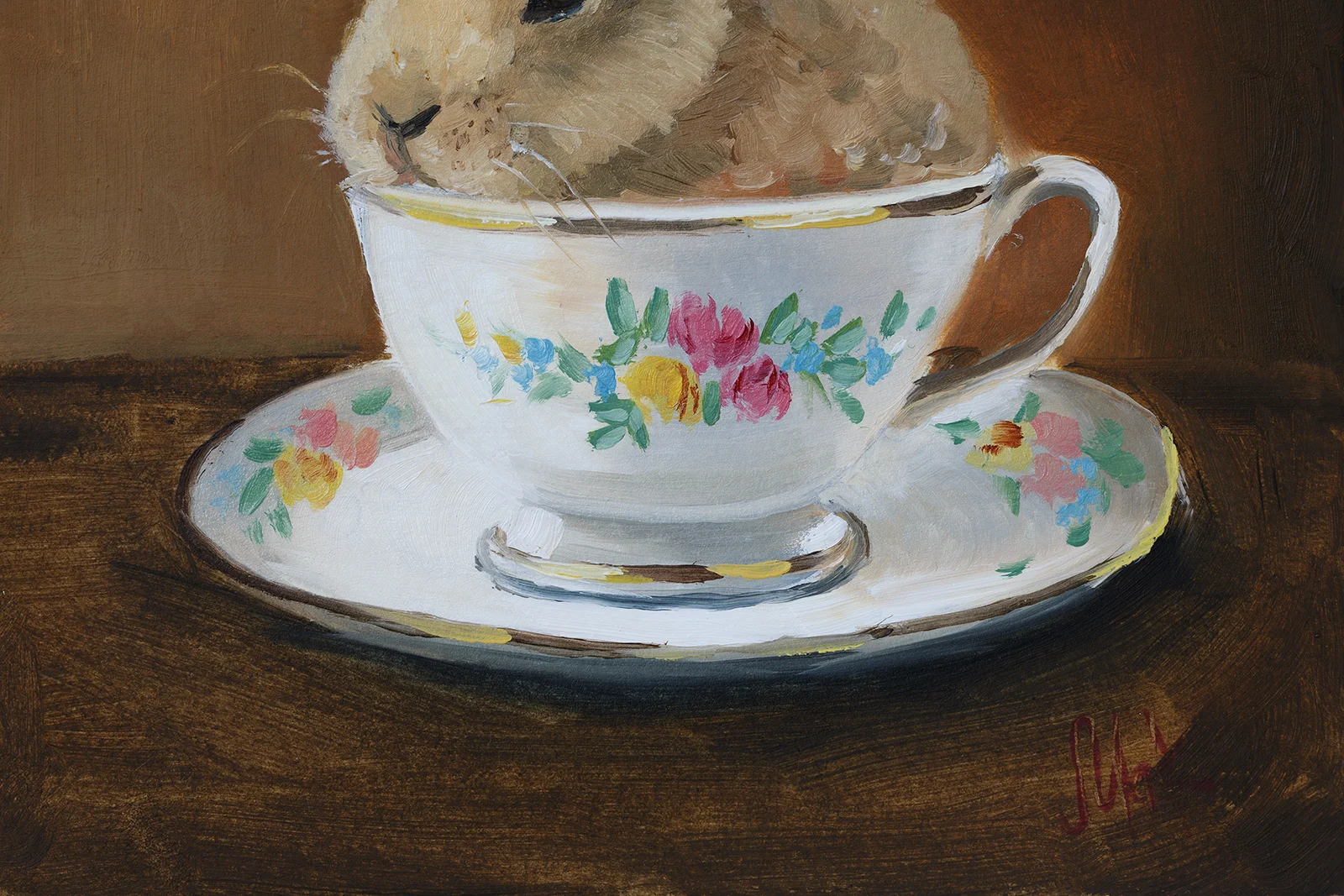 Bunny in Teacup Oil Painting in Frame - Image 4