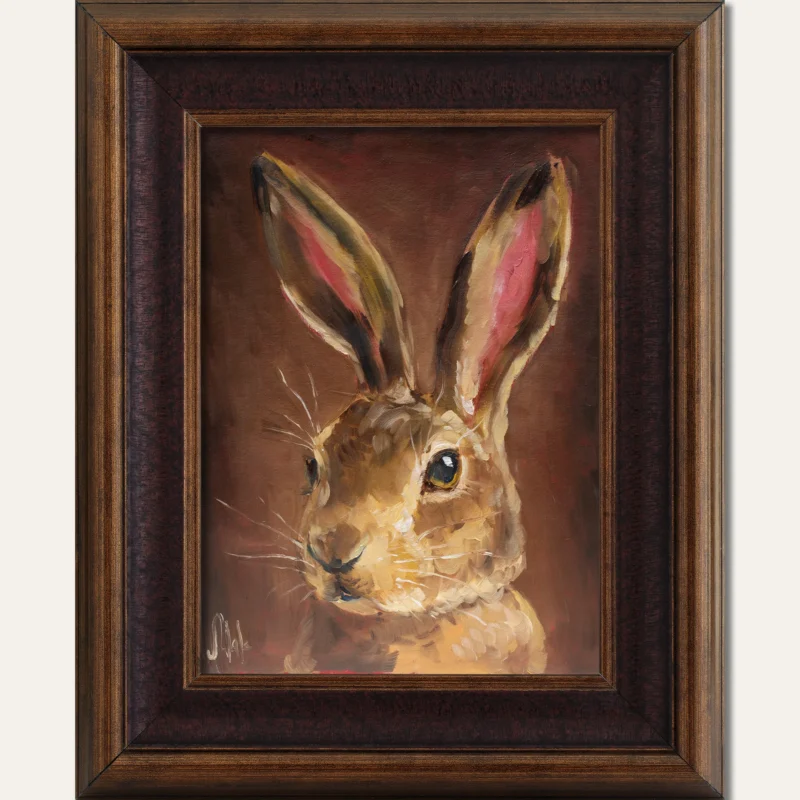 Vintage Hare Oil Painting Original | Rabbit Portrait Wall Art | Animal Lover Gift With Frame