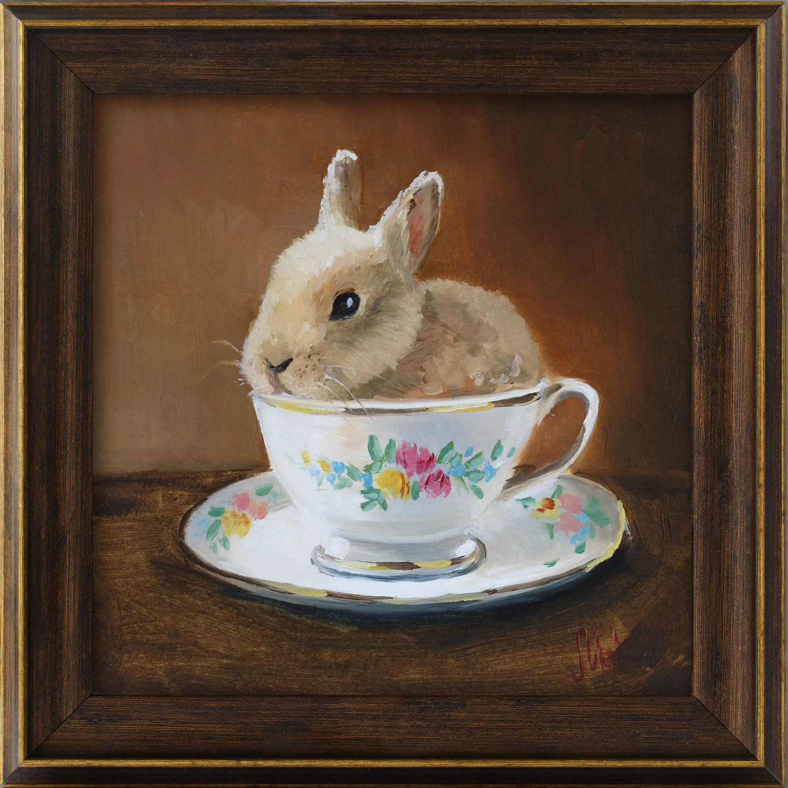 Bunny in Teacup Oil Painting in Frame