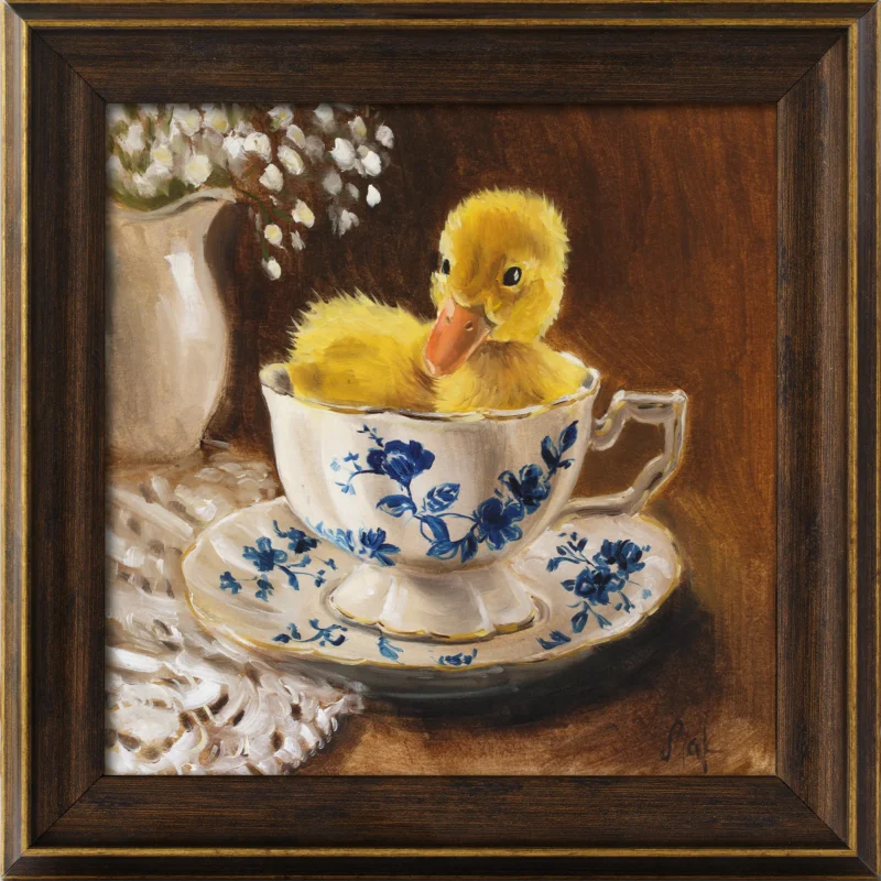 Original 8x8 oil painting of a yellow duckling sitting in a blue floral teacup against a warm brown background.