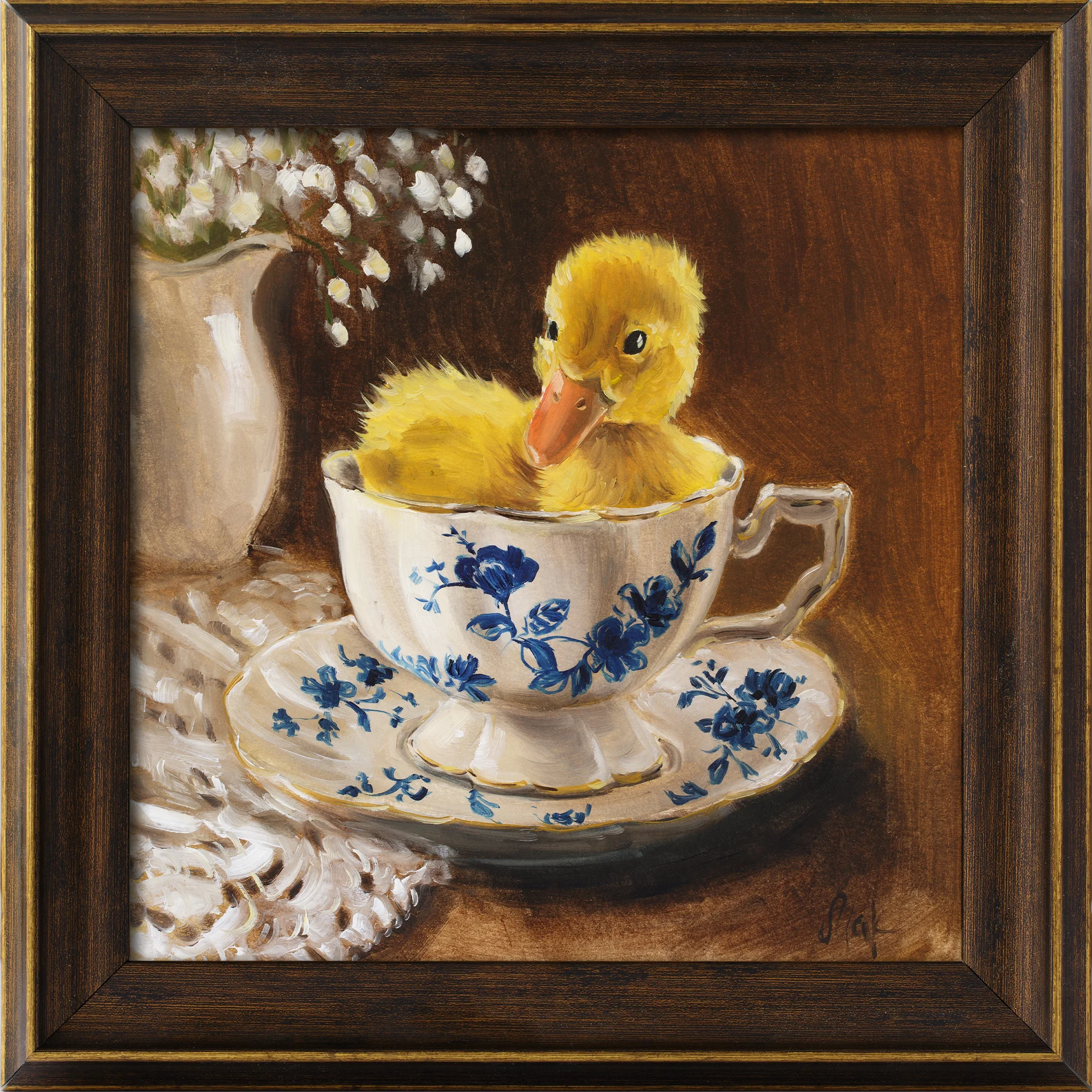 Original 8x8 oil painting of a yellow duckling sitting in a blue floral teacup against a warm brown background.