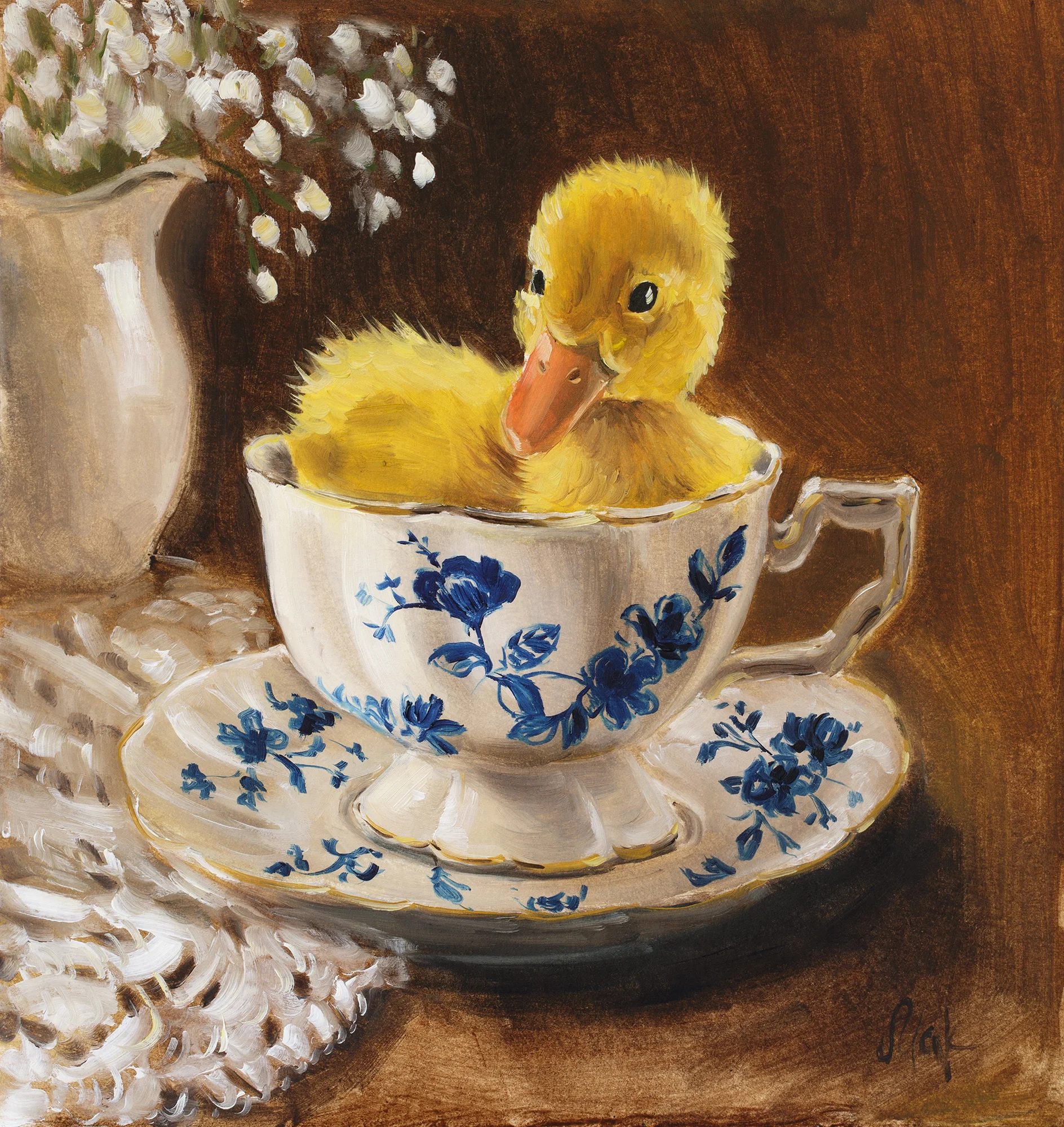 Original 8x8 oil painting of a yellow duckling sitting in a blue floral teacup against a warm brown background.