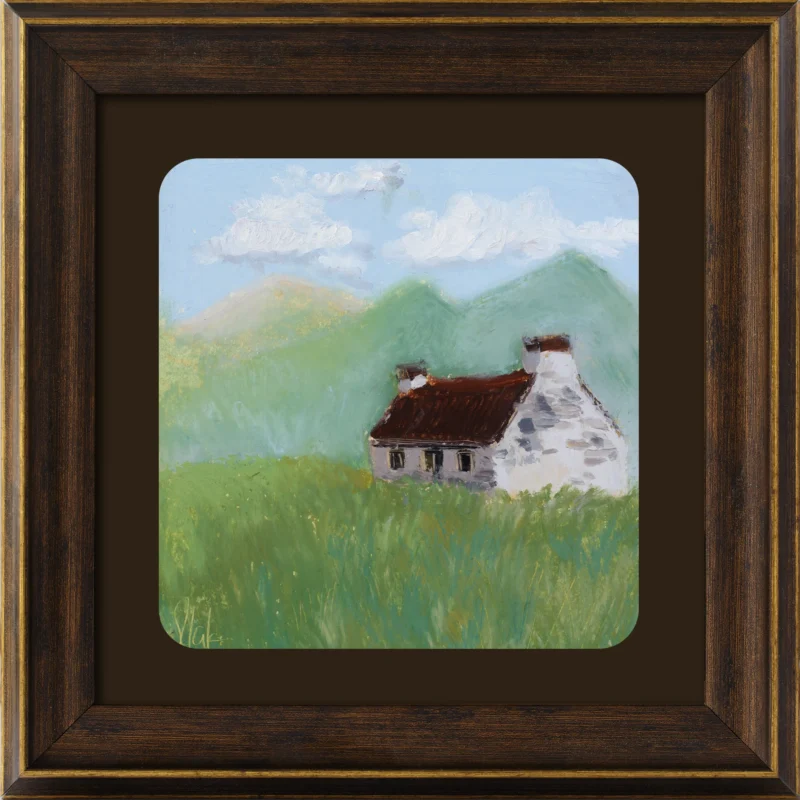 Original 6x6 oil pastel landscape painting of a white country cottage in a green meadow with soft blue mountains and clouds.